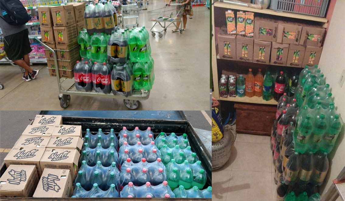 Imagem do artigo mostra vários litros de sucos e refrigerantes