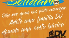 #pracegover Decrição da imagem: convite para campanha de solidariedade em fundo laranjado. Acima, #SejaSolidário , em letras azuis e amarelas, com rabisco azul e emoticon de uma pessoa cega usando máscara. No meio, em letras brancas: Olhe por quem não pode enxergar. Adote uma família DV doando uma cesta básica. Logomarca do DV na Trilha em preto e tons de laranja. Abaixo, em letras brancas sobre fundo azul rabiscado: Informações: SUCESSO!!! em letras garrafais